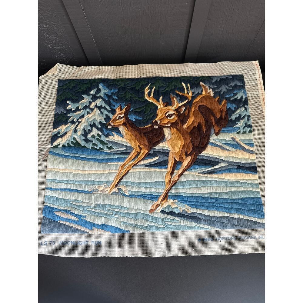 Vintage 1983 Moonlight Run Needlepoint Tapestry Deer Doe Buck Monarch Horizons - Picture 3 of 12